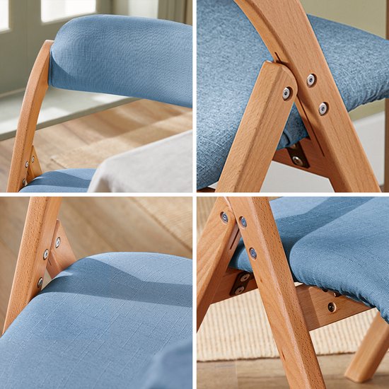 SoBuy Houten Klapstoel met Gestoffeerd Zitkussen, Bureaustoel, Eetkamerstoel, Natuur/Blauw, 47.5x77x59 cm, FST92-BL - voor eetkamer, balkon of kantoor
