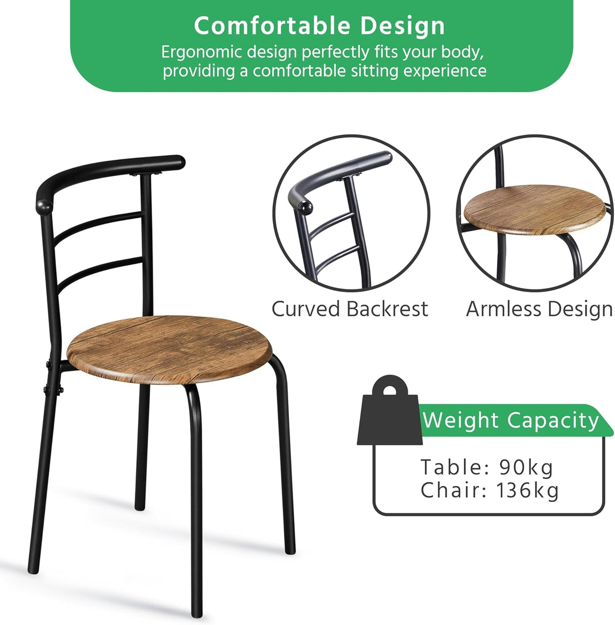 Yaheetech Eettafelset voor 2 Personen - Tafel 80 x 53 x 75,5 cm met 2 Stoelen - Met Opbergplank - Bruin