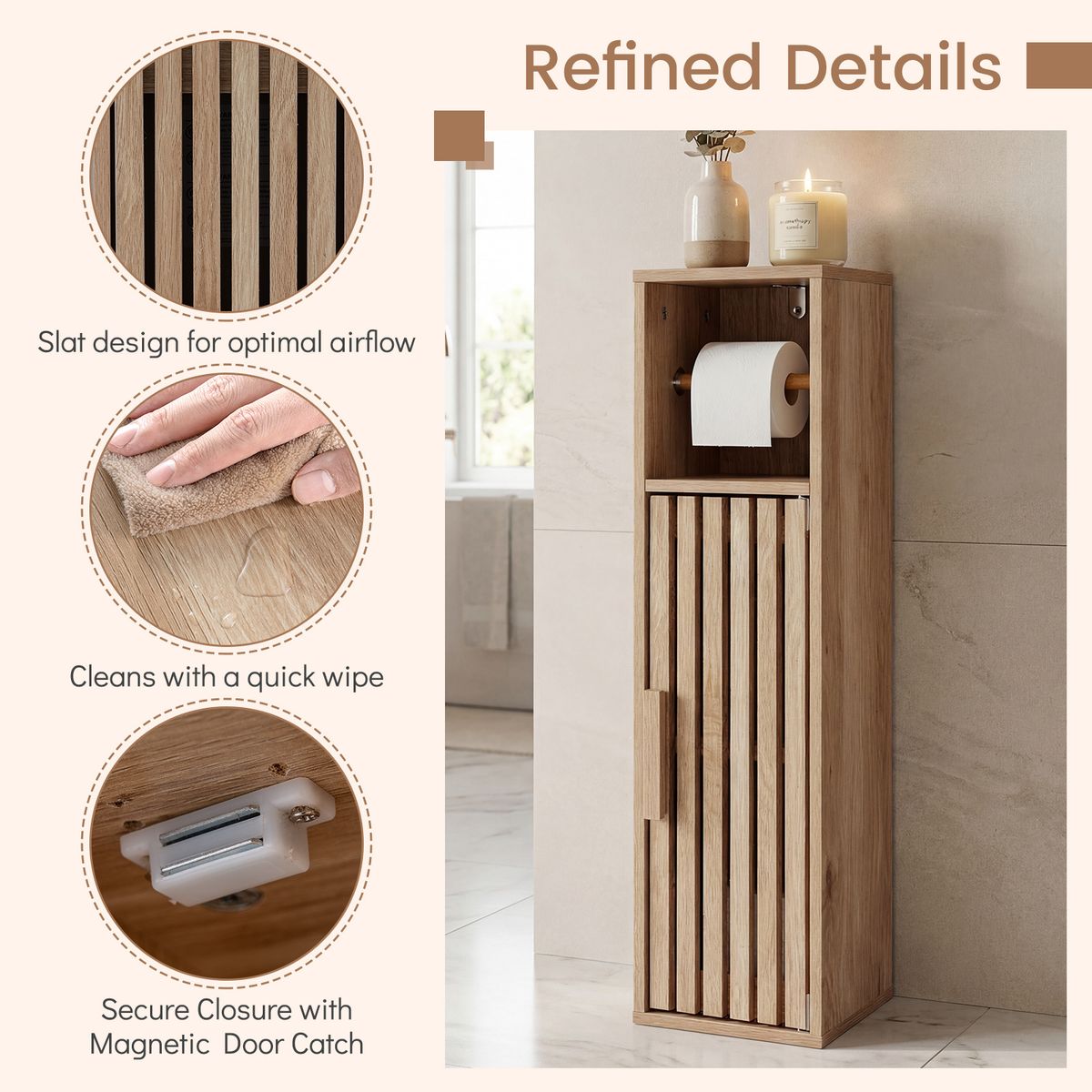Coast Smalle Badkamerkast - toiletpapierhouder - verstelbare legplank - natuurkleur 20 x 19 x 78 cm