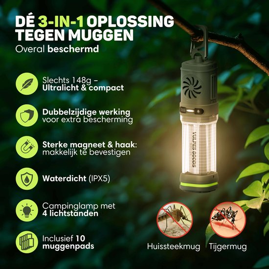 Vulpes Goods® Repeller - 3-in-1 Muggenverjager – Oplaadbare Muggenlamp, Powerbank & Verlichting – Voor Reizen, Camping, Wandelen – Binnen & Buiten – 400LM - Magnetisch - Incl. 10 extra geurpads