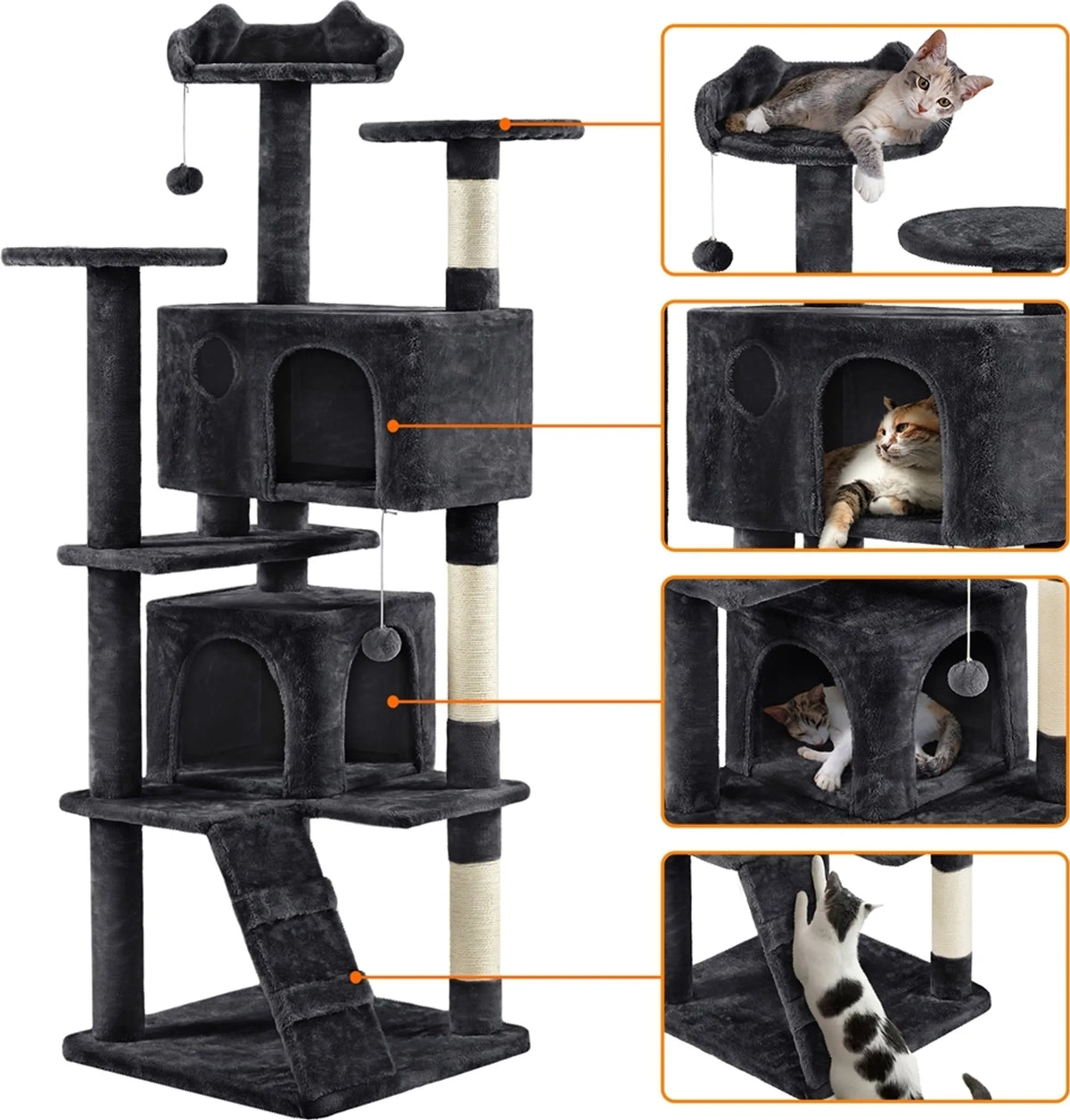 Yaheetech Krabpaal met 2 Grotten - 178 cm hoog - 54 x 54 cm - Zwart