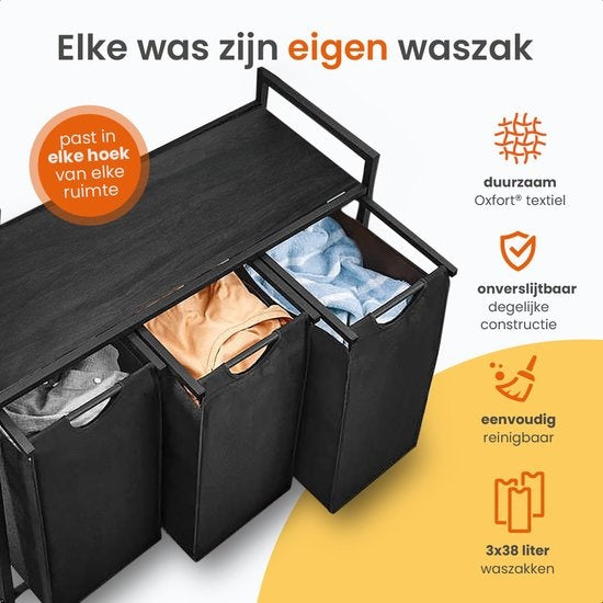 Goliving Wassorteerder – Wasmand met 3 vakken – Wasbox – Oxfort textiel/Metaal/Hout – 3 x 38 Liter – 25 x 92.5 x 71 cm – Zwart