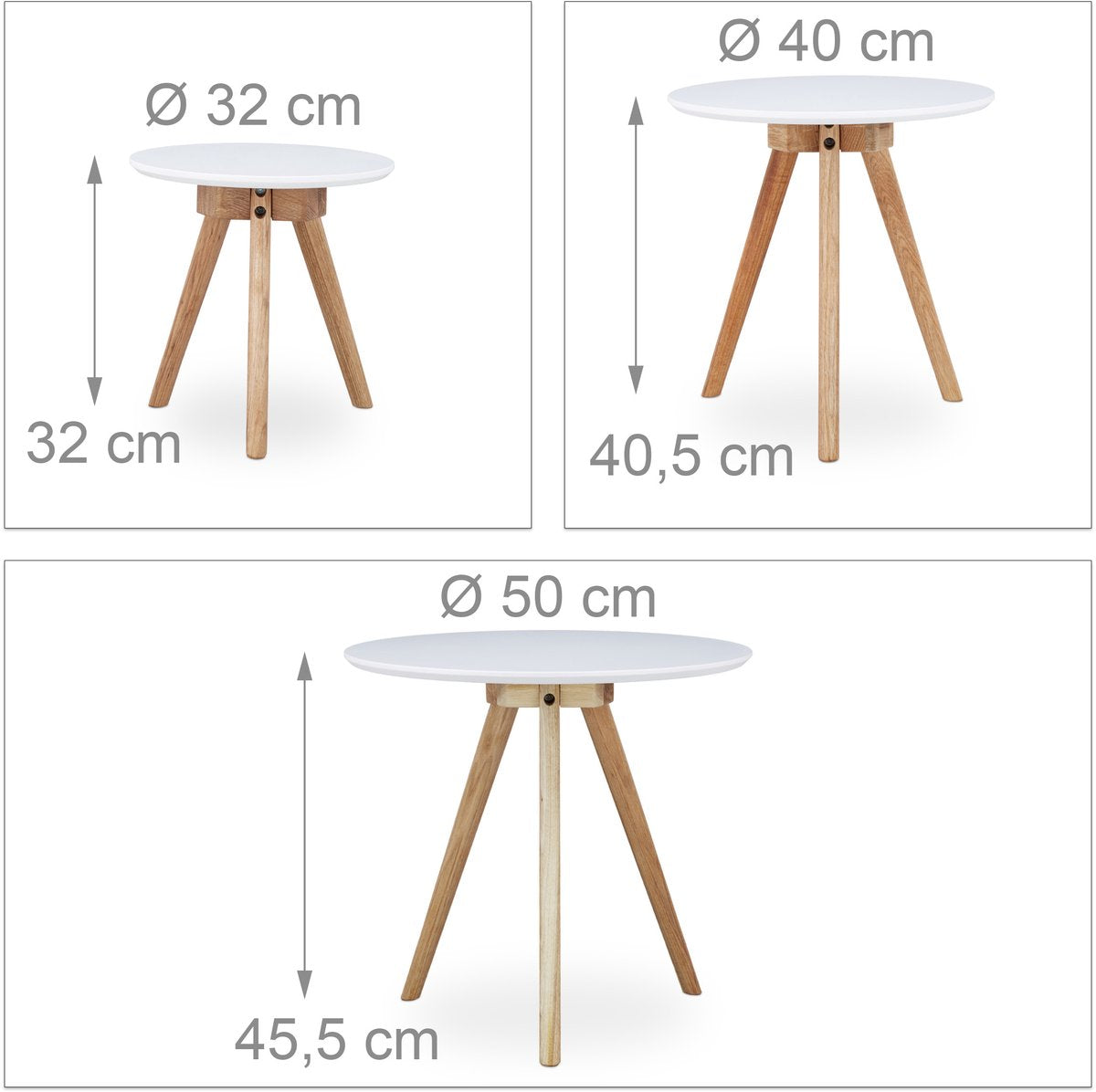 WOLTU Bijzettafel Set van 3 Wit/Walnoot - 50, 40 en 32 cm - Rond - Nestbaar