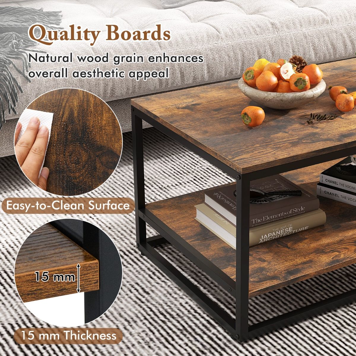 Coast Salontafel - rechthoekig - 2-laags opbergruimte - rustiek bruin en zwart - 105 x 50 x 42,5 cm