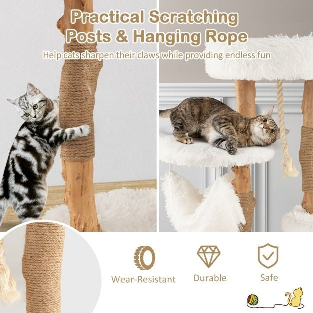 87 cm Houten Kattenboom met Hangmat Verschillende Platforms Kattentoren met Zacht Kussen Ophangbaar Sisaltouw
