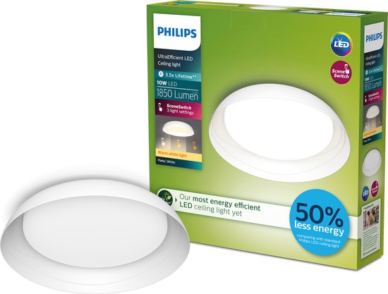 Philips Fleta plafondlamp - Ultra Efficiënt - SceneSwitch lichttechnologie - 10W - Warmwit licht - Wit design - Bespaar op energiekosten