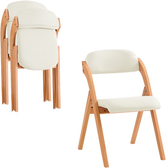 SoBuy Set van 2 Klapstoel, Bureaustoel met Gestoffeerd Zitkussen, Eetkamerstoel, Natuur/Wit, 47.5x77x59 cm, FST92-Wx2 - voor eetkamer, balkon of kantoor