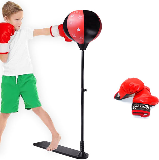 Zoluko Boksbal op Voet voor Kinderen - Incl. Bokshandschoenen en Opblaaspompje - Verstelbaar in Hoogte - Voor Binnen en Buiten - Boksbal op Standaard - Bokstrainer – Bokspaal - Boksset Kinderen - Boksbal Staand - Boxing - Thuis sporten - Zwart/Rood