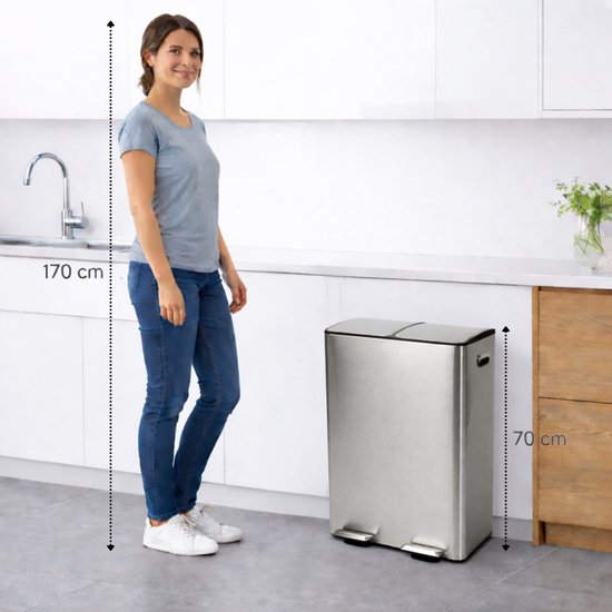Bayt Prullenbak - Prullenbak 60 Liter (2x30) - Vuilnisbak 60 Liter - Pedaalemmer 60 Liter - Prullenbak Afvalscheiding - Prullenbak 2 Vakken - Afvalbak - RVS - Zilver