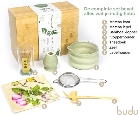 Budu Matchatset 7-delig - Matcha klopper - Matcha kom - Matcha Wisk - Matcha starterkit - Zeef - Cadeauset Matcha - Kerstcadeau