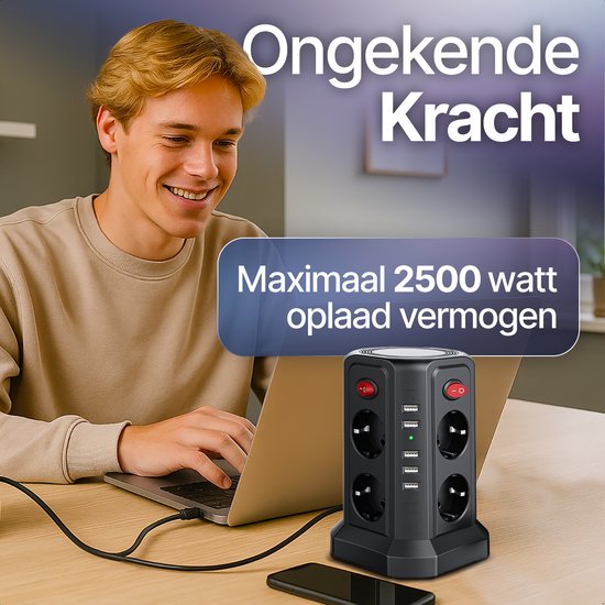 URGOODS Stekkerdoostoren - 8 Outlets - USB - Aan/Uit Schakelaar - 3 m Kabel - Zwart