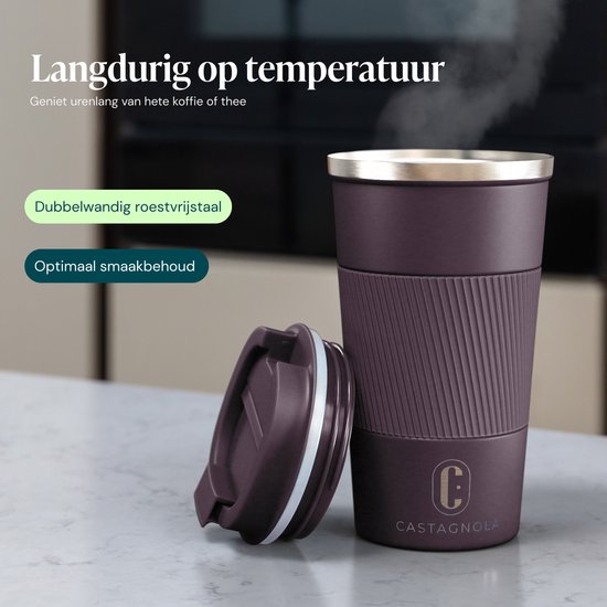 Castagnola Thermosbeker - Koffiebeker To Go - Travel Mug voor Koffie en Thee - Theebeker - 510 ML - RVS - Bruin