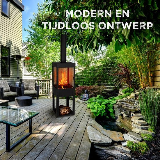 BBQ Collection Tuinhaard met Schoorsteen - Houtopslag - 194 x 44 x 47 cm - Carbon Staal - Zwart