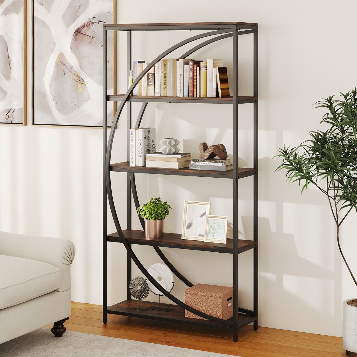 Coast Boekenkast met 5 Lagen - Gebogen Design - Metalen Frame - Bruin - 86 x 30 x 175 cm