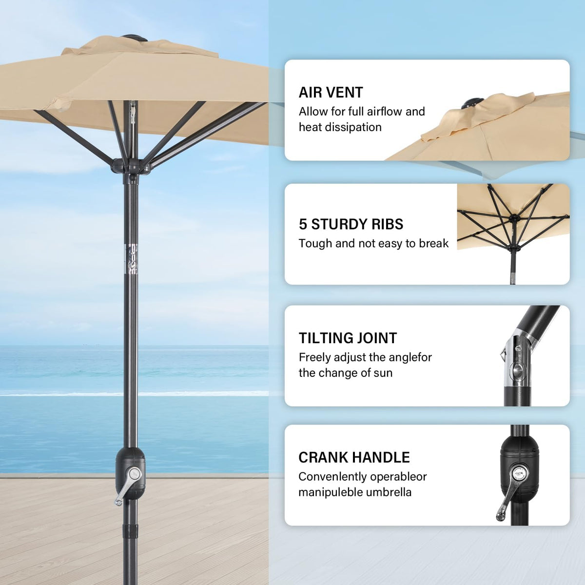 Angel Living Balkonparasol - Halfrond - 245 x 122 cm - Beige