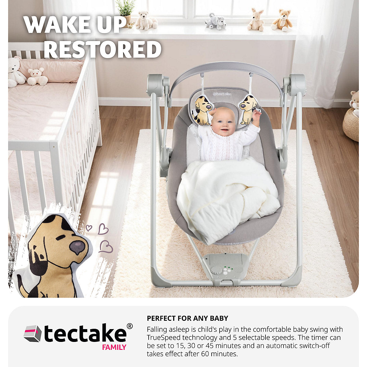 Tectake Babyschommel 75,5 x 56 x 68 cm - 5 Snelheden/Timer - 4 Geluiden - Lichtgrijs