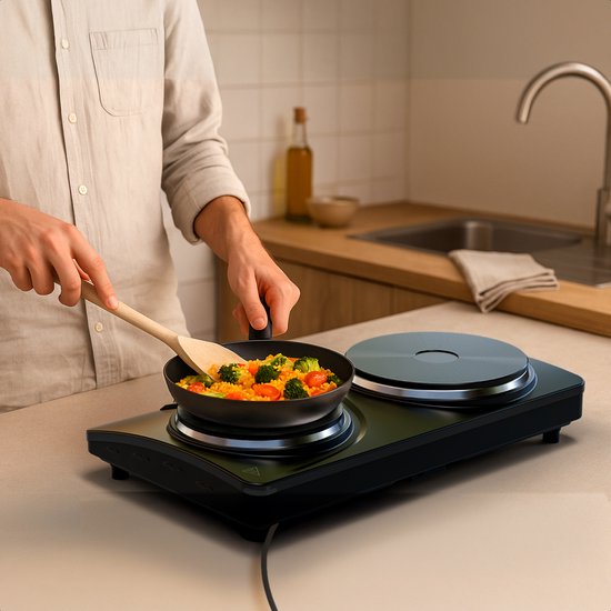 KitchenBrothers Elektrische Kookplaat - 2 Pits - Vrijstaand - 7 temperatuurstanden - 1500W + 1000W - Zwart