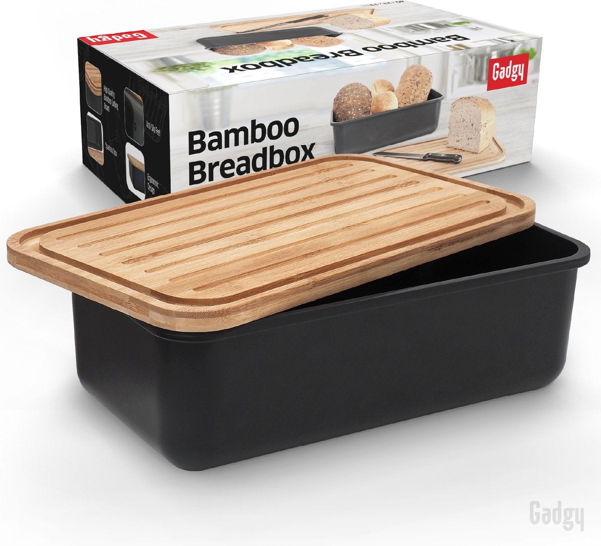 Gadgy Broodtrommel - met Bamboe Deksel – Brooddoos met Snijplank - BPA vrij - 36x19.5x11.5 cm- zwart