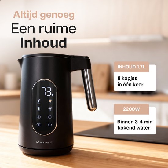 HomeShift® Waterkoker met Temperatuurregeling - Warmhoudfunctie - Dubbelwandig - Elektrisch - 1,7 Liter - 2200W - Zwart
