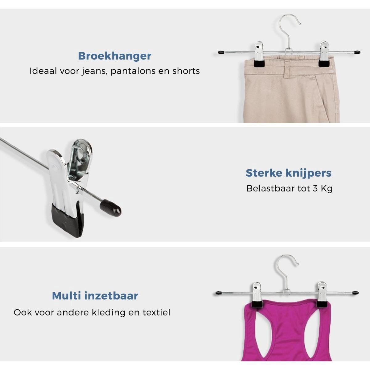 LifeGoods Broekhangers met Verstelbare Antislip Knijpers - Stevige Kleding Hanger met Klemmen - Kleerhanger voor Dames/Heren/Kind/Baby - Broek en Rok Houder - Metaal