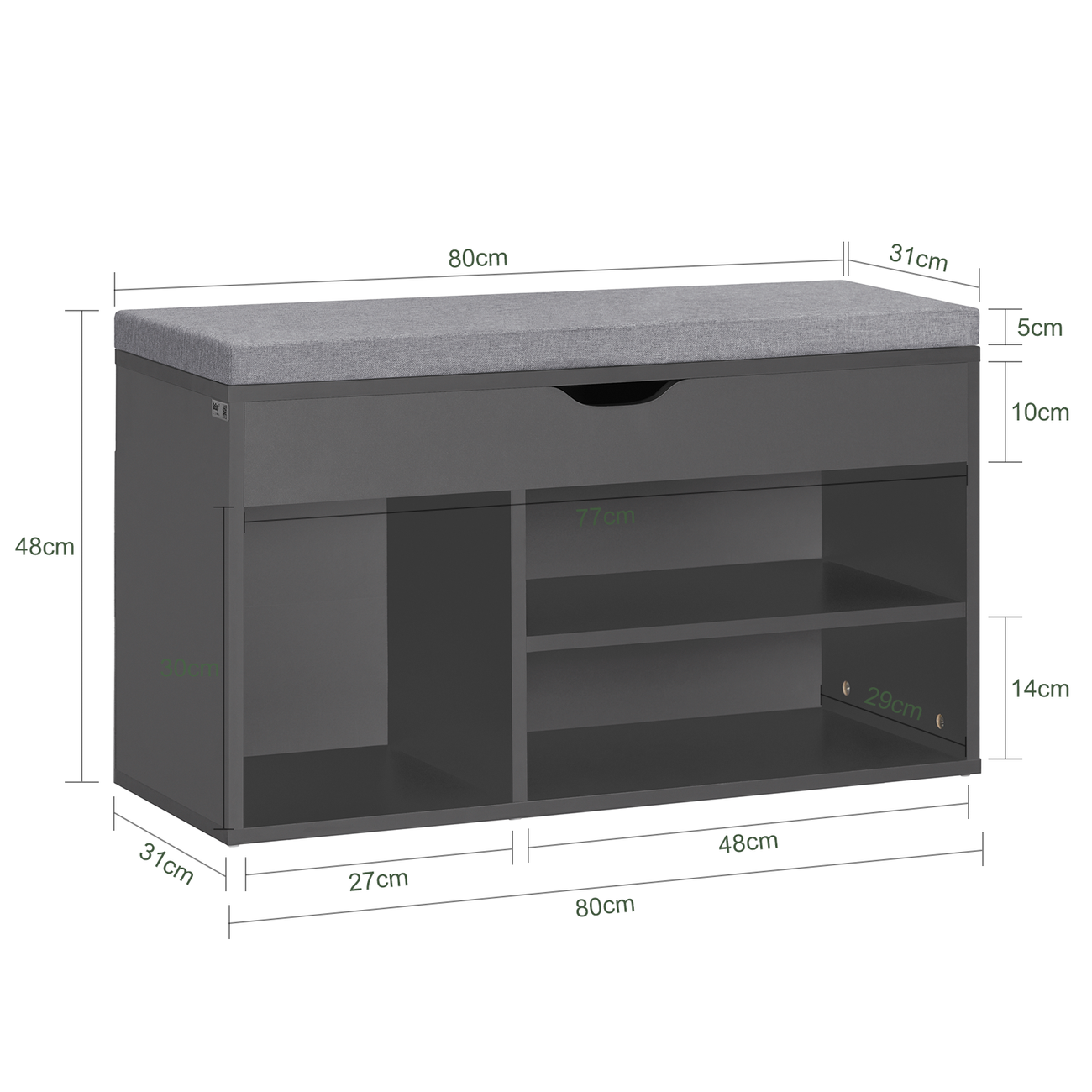 SoBuy Schoenenkast met Zitvlak - 80 x 30 x 46 cm - Zwart/ Grijs