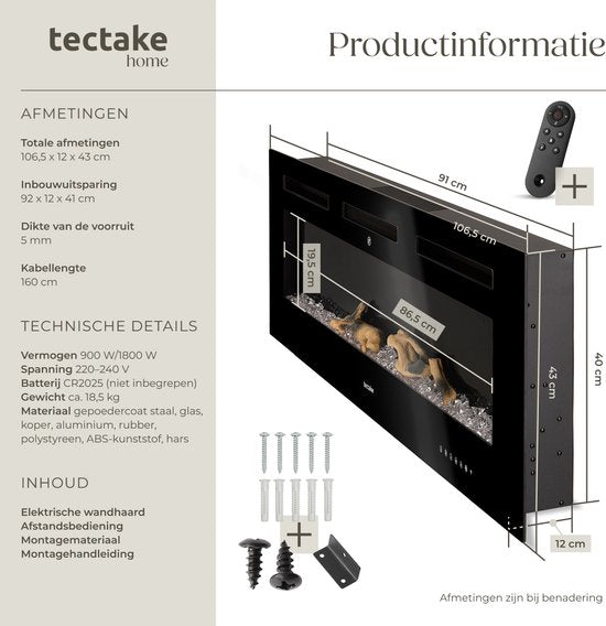tectake® Wandhaard - Elektrische Haard - Sfeerhaard - 106,5 x 12 x 43 cm - 900W & 1800W - Bediening met Afstandsbediening of App - met Thermostaat - Kachel - met Verwarming - Haarden - Hout en Gloeieffecten - 3D Vlammen - Timer