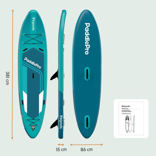 LifeGoods SUP Board Tandem - 2 Personen - 220 KG Draagkracht - 381 x 86 cm - Opblaasbaar - Compleet Sup pakket - Deep Aqua