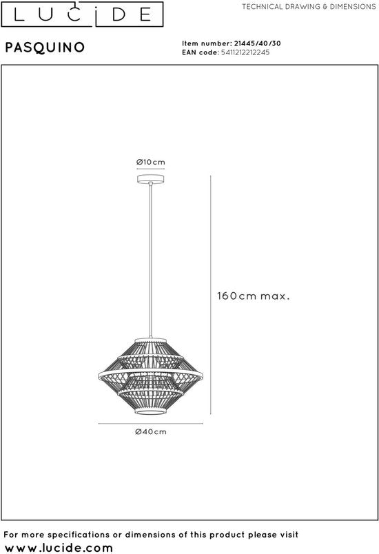 Lucide PASQUINO - Hanglamp - Ø 40 cm - 1xE27 - Zwart - Essential - Japandi