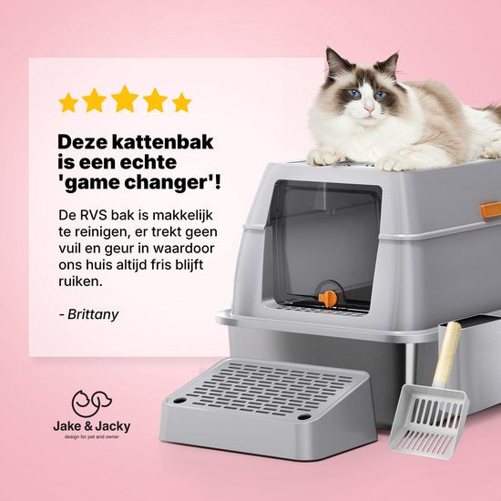 Jake en Jacky RVS Kattenbak Hop In - Kattentoilet Roestvrijstaal - Incl. Kattenbakschep met Houder en Gritopvang Opstapje - Top Entry - 3 in 1 Open Kattenbak met Afneembare Deksel - 60x40x38cm - Grijs