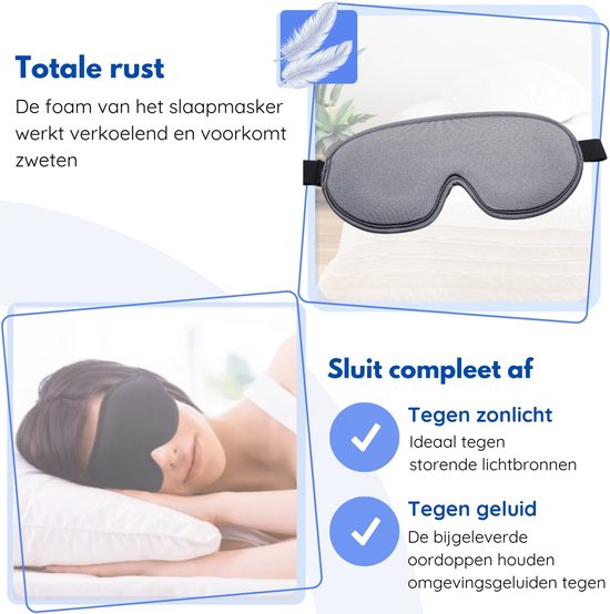 Hilvard - Slaapmasker - Oogmasker - Inclusief Slaap oordopjes - 100% Verduisterend - Verstelbaar - Ergonomisch - Grijs