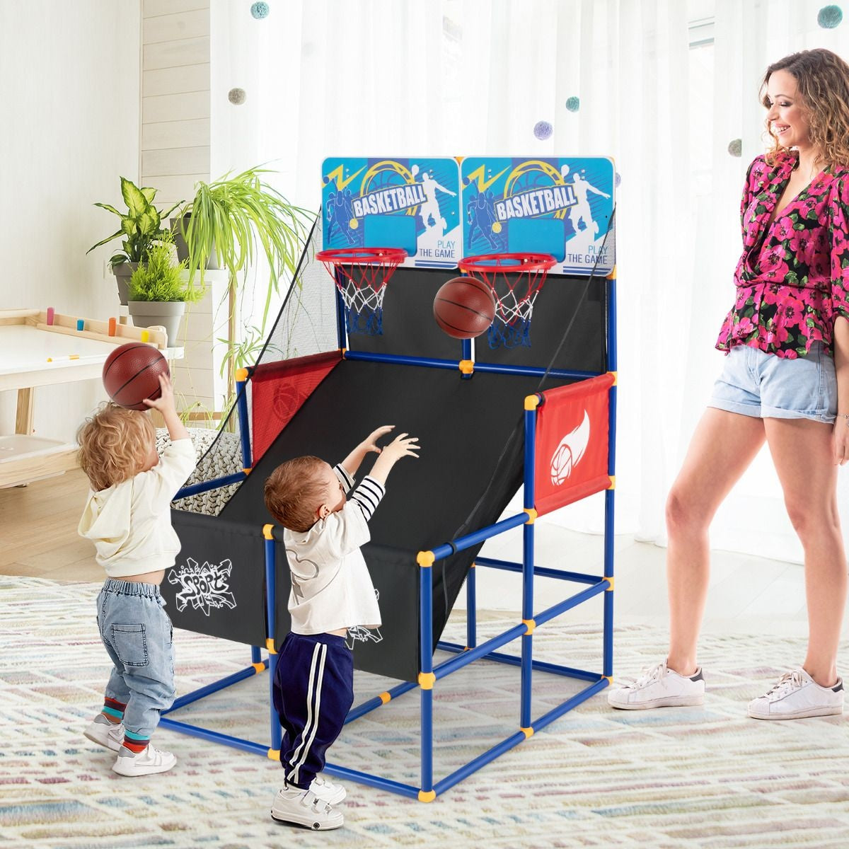 Coast Basketbalspel Arcade - Met 2 Ringen - 4 Basketballen - 90 x 90 x 140cm - Zwart/Blauw/Rood