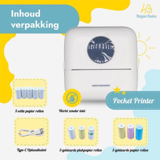HeppieBabie Bluetooth Pocket Printer - Mini Printer - Sticker - Mobiele Fotoprinter - Incl 16 Papierrollen