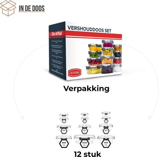 Stosh Vershoudbakjes - Meal Prep Bakjes - Diepvriesbakjes - Glas - 12 Stuks - BPA vrij