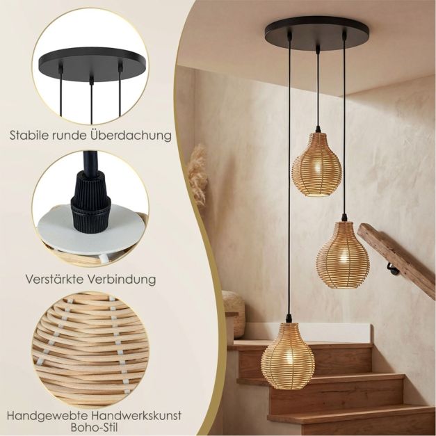 Coast 3-lichts Rotan Hanglamp – Verstelbaar 24-102 cm – Ø 30 cm – Zwart en Beige
