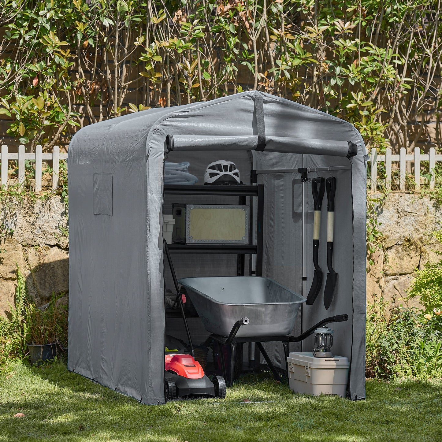 sobuy Tuinhuis voor buiten – waterdicht motorhuis met haken – fietsschuur & gereedschapopslag – grijs – 120 × 176 × 163 cm