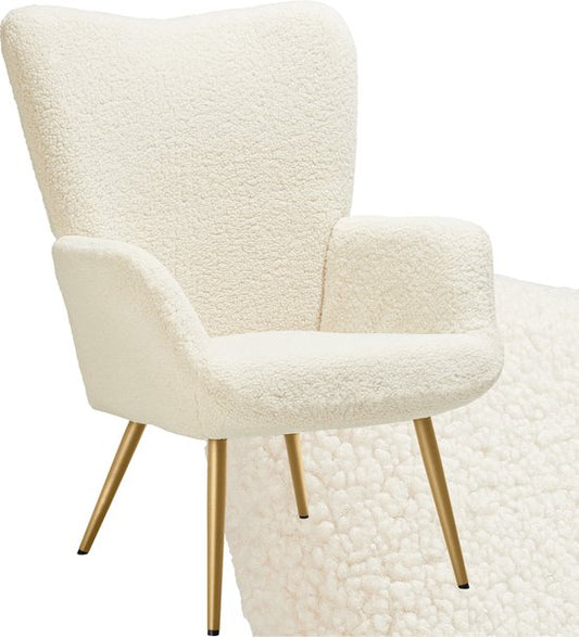 tectake® Oorfauteuil in Scandinavische stijl - Teddystoel Hygge - Stoel voor woonkamer, slaapkamer - Loungefauteuil - Goud metalen poten - Draagvermogen tot 150 kg - Crème