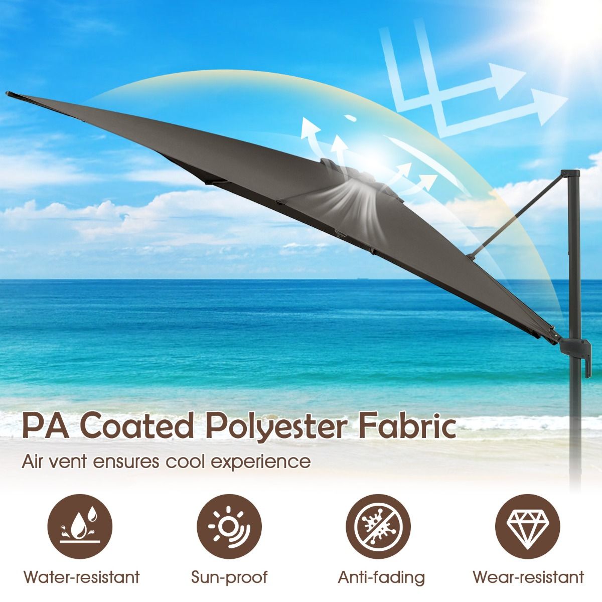 Coast Vierkante parasol - 360° draaibaar - verstelbare helling - grijs 300 x 300 cm