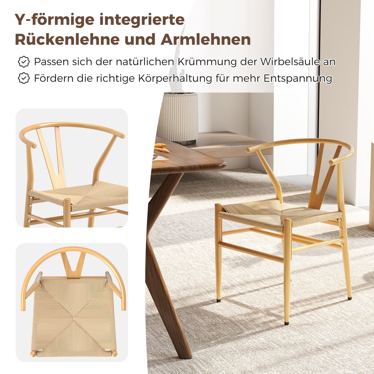 Coast Eetkamerstoelen Set van 2 - Y-vormige rugleuning - Gevlochten rattan zitting - Naturel