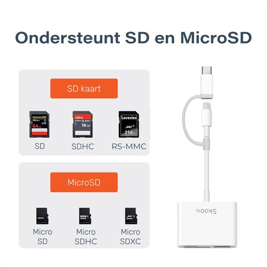 Skoov SD Kaart Lezer - Card Reader voor iPhone en USB-C - Micro SD en SD Kaartlezer - Lightning Adapter - Geheugenkaartlezer - SD en Micro SD Reader - USB naar USB C