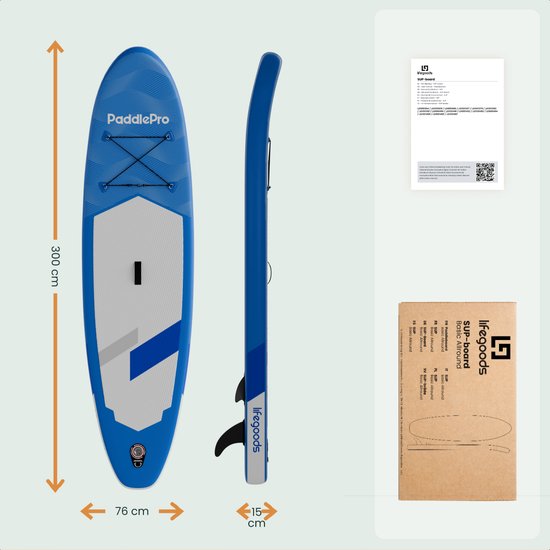 LifeGoods SUP Board Allround Compact - met Zitje - 100 KG Draagkracht - 300 x 76 cm - Opblaasbaar - Compleet SUP pakket - Blauw