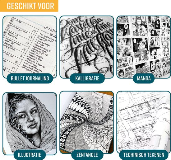 NAPI 10 Fineliners Zwart Incl. Brush Pen & Liniaal - 0,2 tot 3mm - Pennen Zwart - Bullet Journal Accessoires - Tekenpennen Set