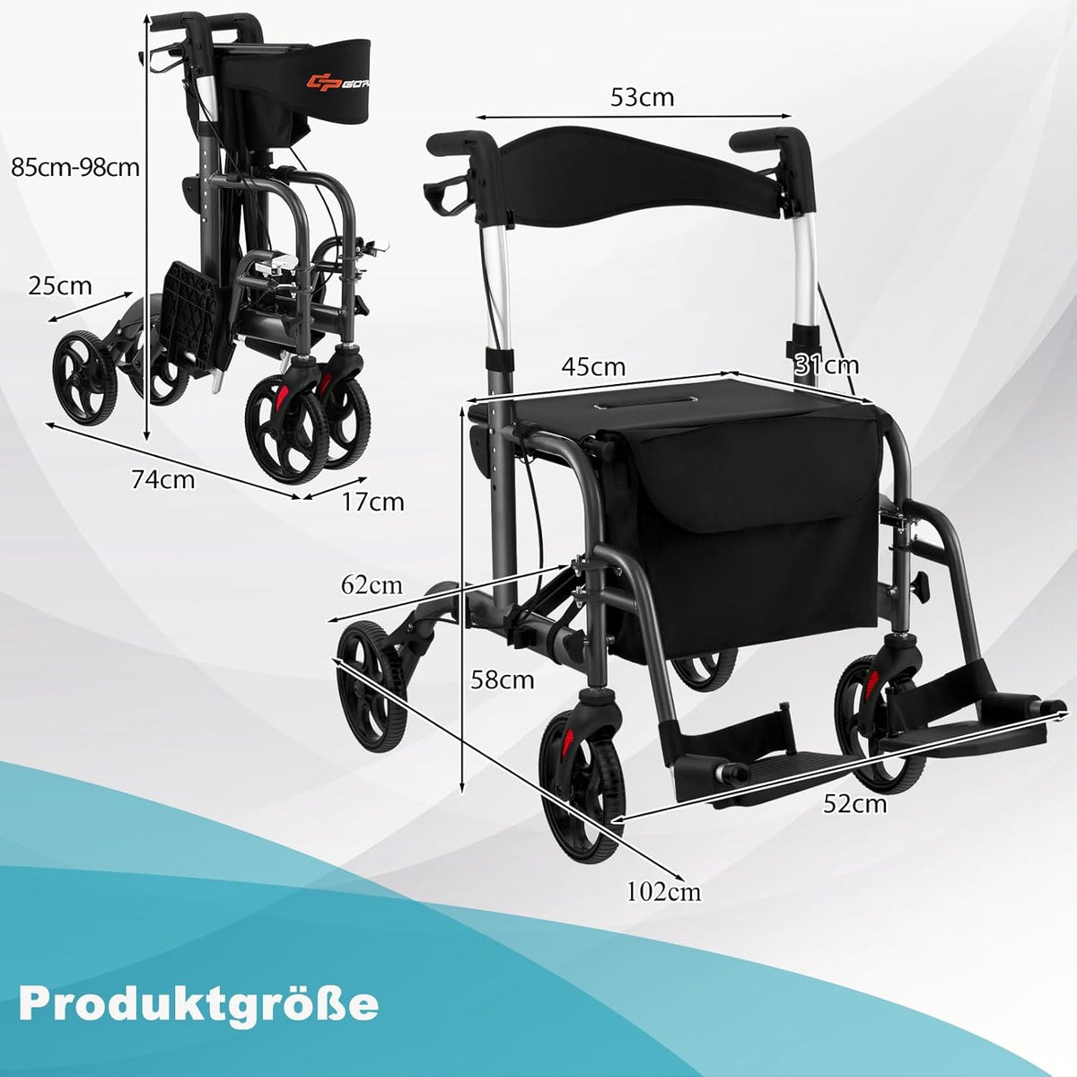 Coast Opvouwbare Rollator - Multifunctioneel - Verstelbare Hoogte - Met Tas en Stokhouder - Zwart