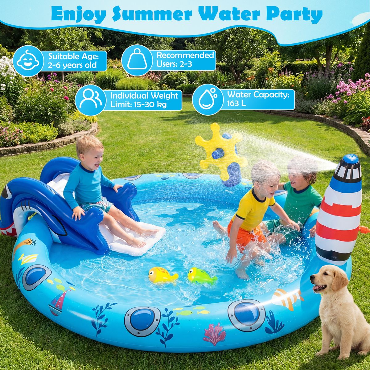 Coast Opblaasbaar Kinderzwembad - Waterspeelcentrum met zee-thema - Haai-glijbaan en sproeier - Multikleur 188 x 153 x 63 cm