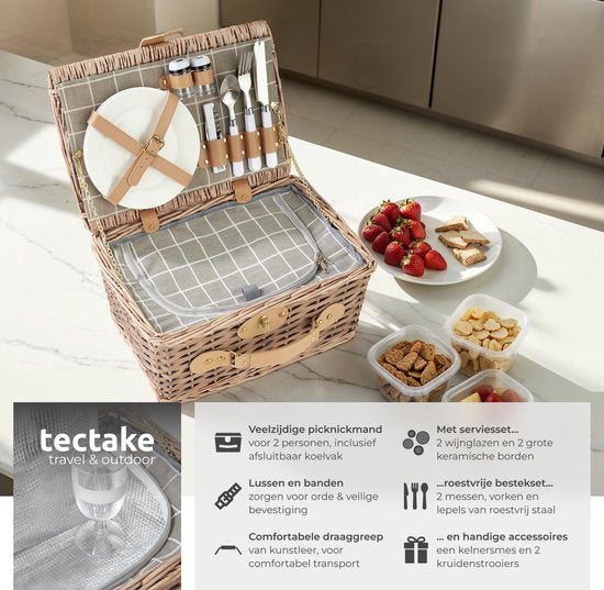 tectake® complete Picknickmand Set Ameland - Luxe 13-delige Picknick set voor 2 personen - Picknick Mand van Riet - Inclusief Koelvak, Set met Borden, Kunststof Wijnglazen en Roestvrijstalen Bestek