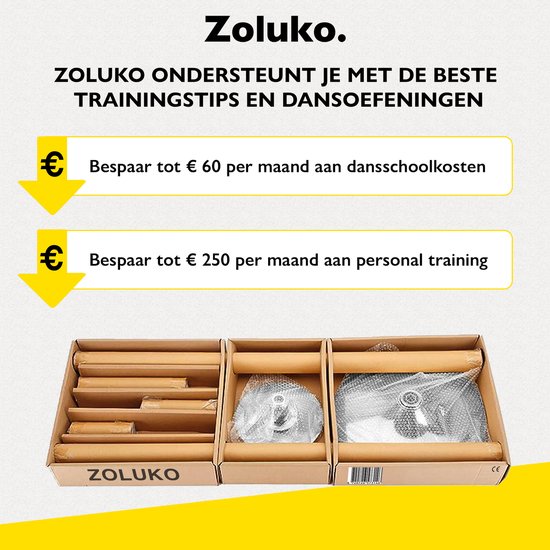Zoluko Professionele Danspaal - Verstelbaar in hoogte: 2,24 m tot 2,74 m - Roterend en Statisch - 200KG Draagvermogen - Paaldansen - Dansstang - Pole Dance - Dance Pole - Zilver/Chroom