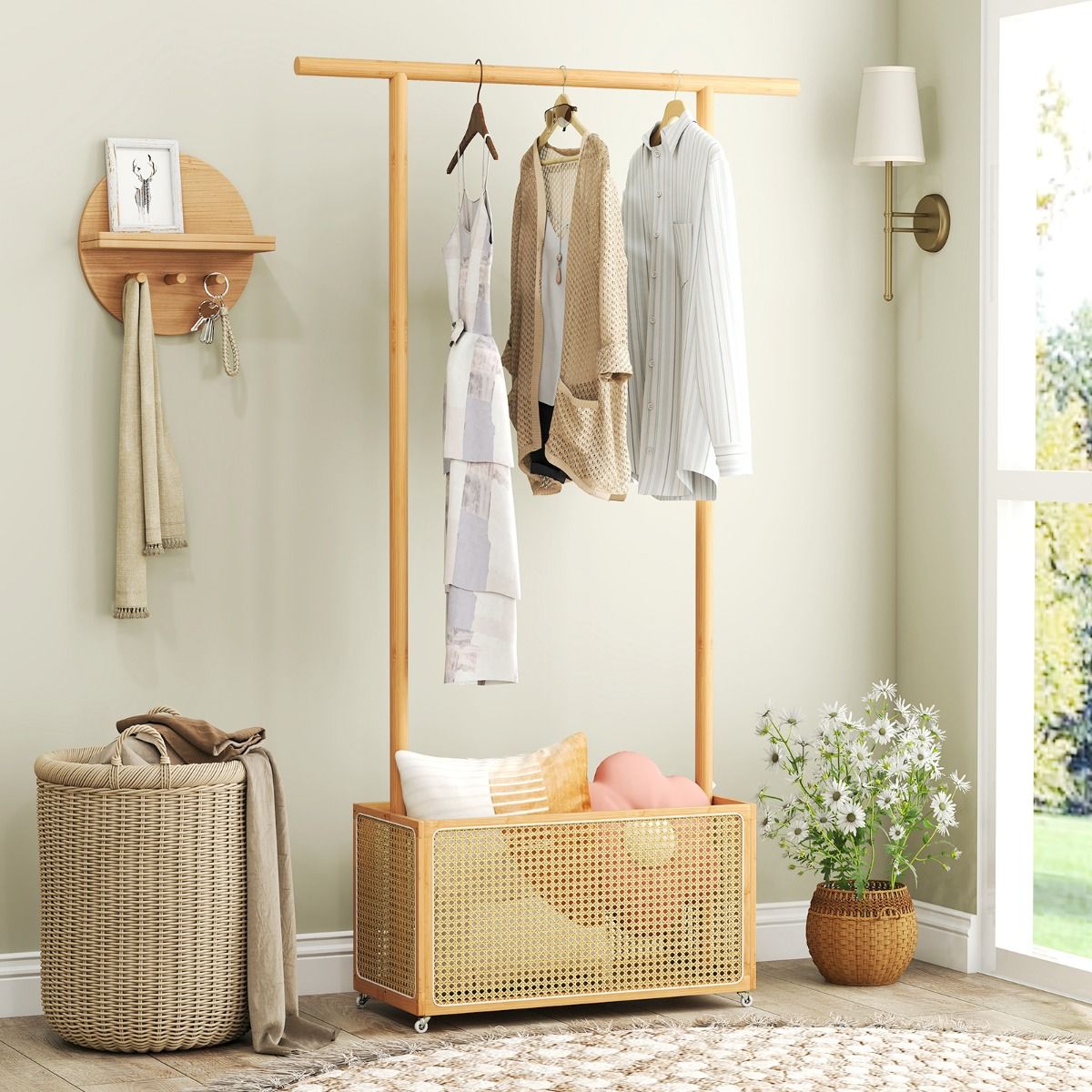 Coast Bamboe Kapstok - met opbergmand en wieltjes - naturel - 100 x 32,5 x 172 cm
