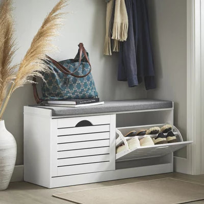 SoBuy Schoenenkast met Zitkussen - 2 Kleppen - 94 x 30 x 47 cm - Wit