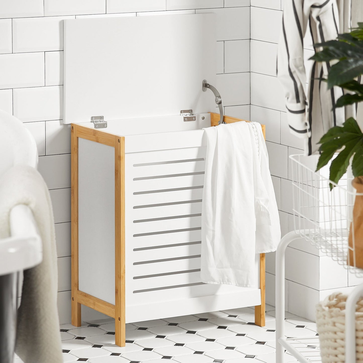 SoBuy Wasmand - met deksel - 69 x 13 x 54 cm - Wit