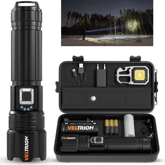 Veltrion Zaklamp LED Oplaadbaar - Gratis Accessoires - Militaire Zaklamp - 6000 Lumen - 26650 Batterij - 5 Standen - Powerbank Functie - Zaklamp op Batterijen - Noodpakket