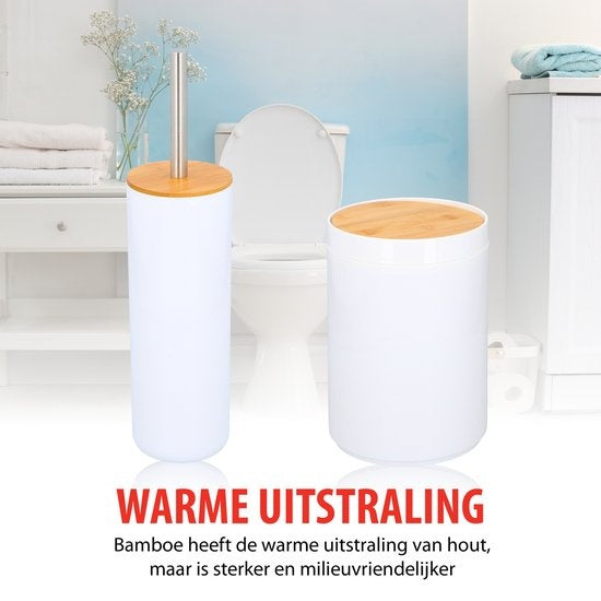 alpina Badkamerset - Toiletset - 6-Delig - Zeepdispenser - Tandenborstelhouder - Toiletborstel - Prullenbak - Zeepbakje - Beker - Bamboe - Wit